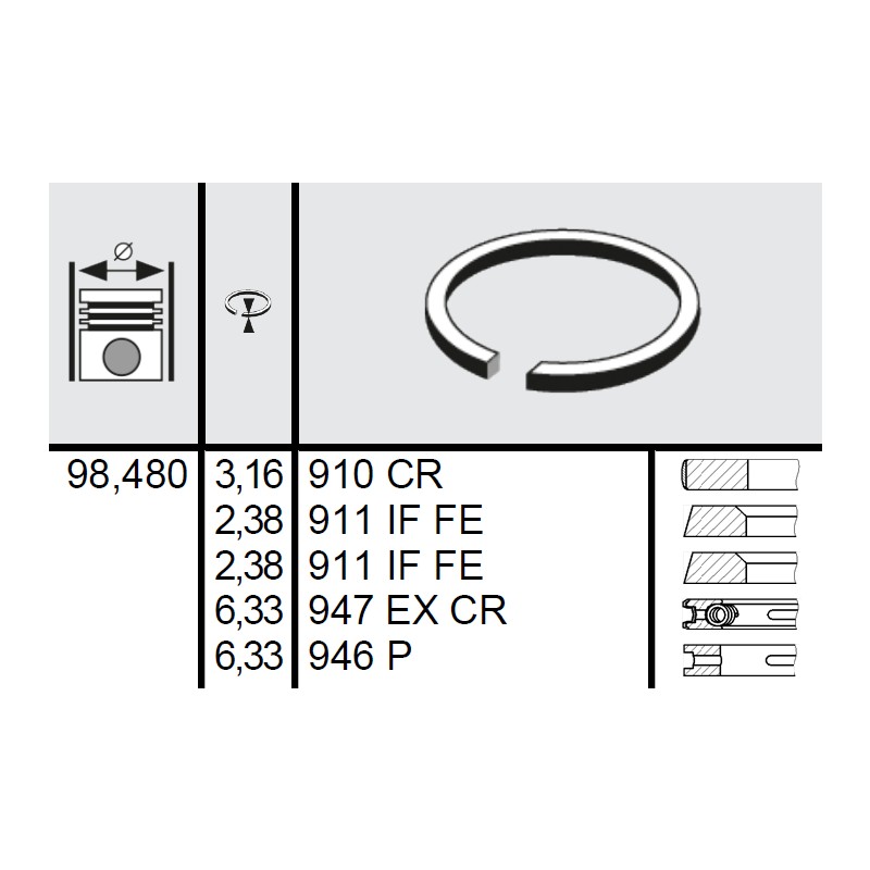 120 036 0013 00 - Set segmenti STD Ø98,48 3,16x2,38x2,38x6,33x6,33 mm Massey Ferguson 41158032
