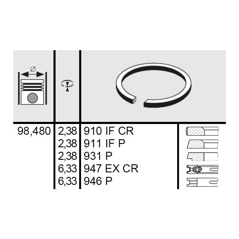 120 036 0015 00 - Set segmenti STD Ø98,48 2,38x2,38x2,38x6,33x6,33 mm Massey Ferguson 41158041