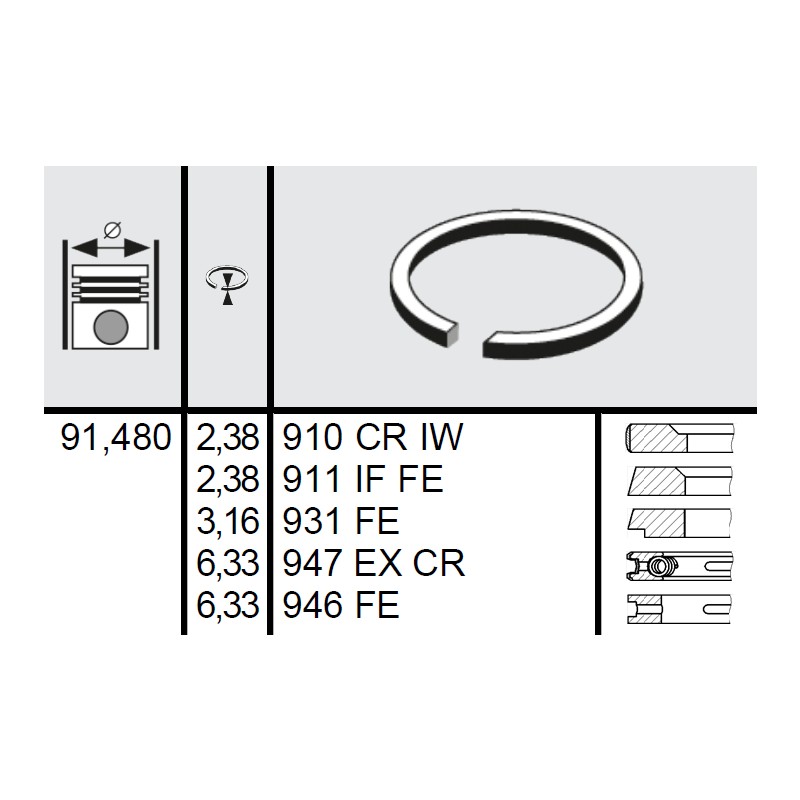 120 036 0019 00 - Set segmenti STD Ø91,48 2,38x2,38x3,16x6,33x6,33 mm Massey Ferguson 41158057
