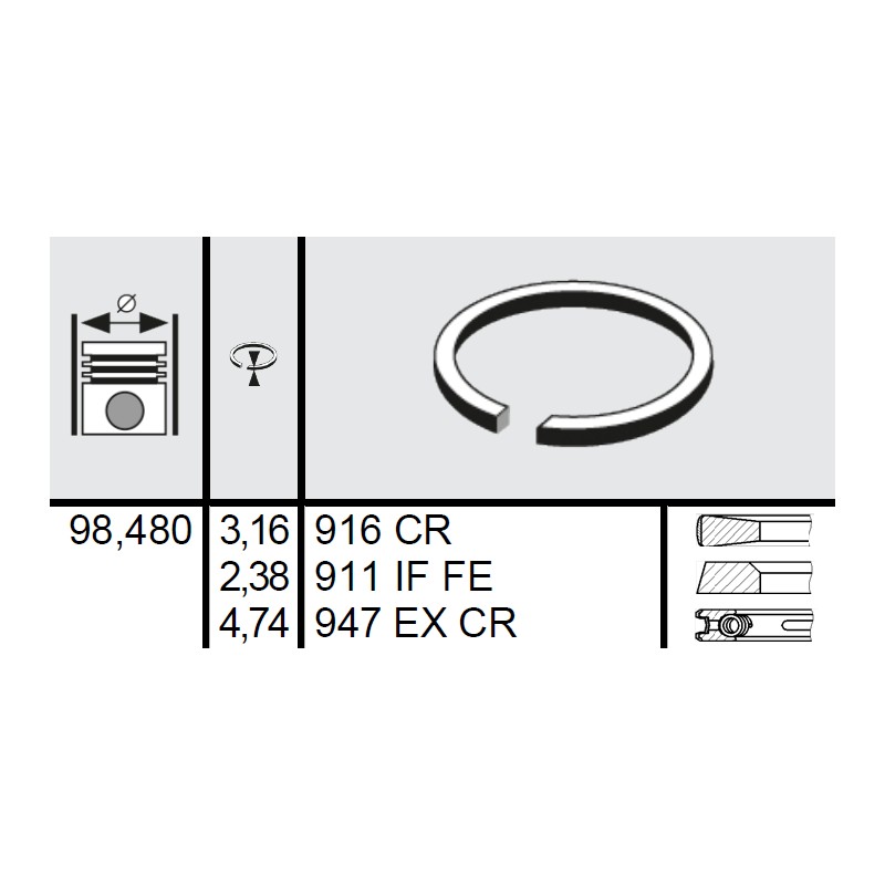 120 036 0022 00 - Set segmenti STD Ø98,48 3,16x2,38x4,74 mm Massey Ferguson 4181A022